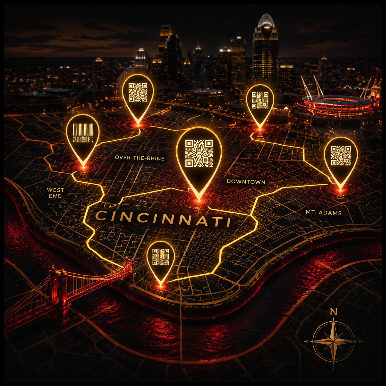 Cincinnati hunt map with glowing QR code pins across downtown