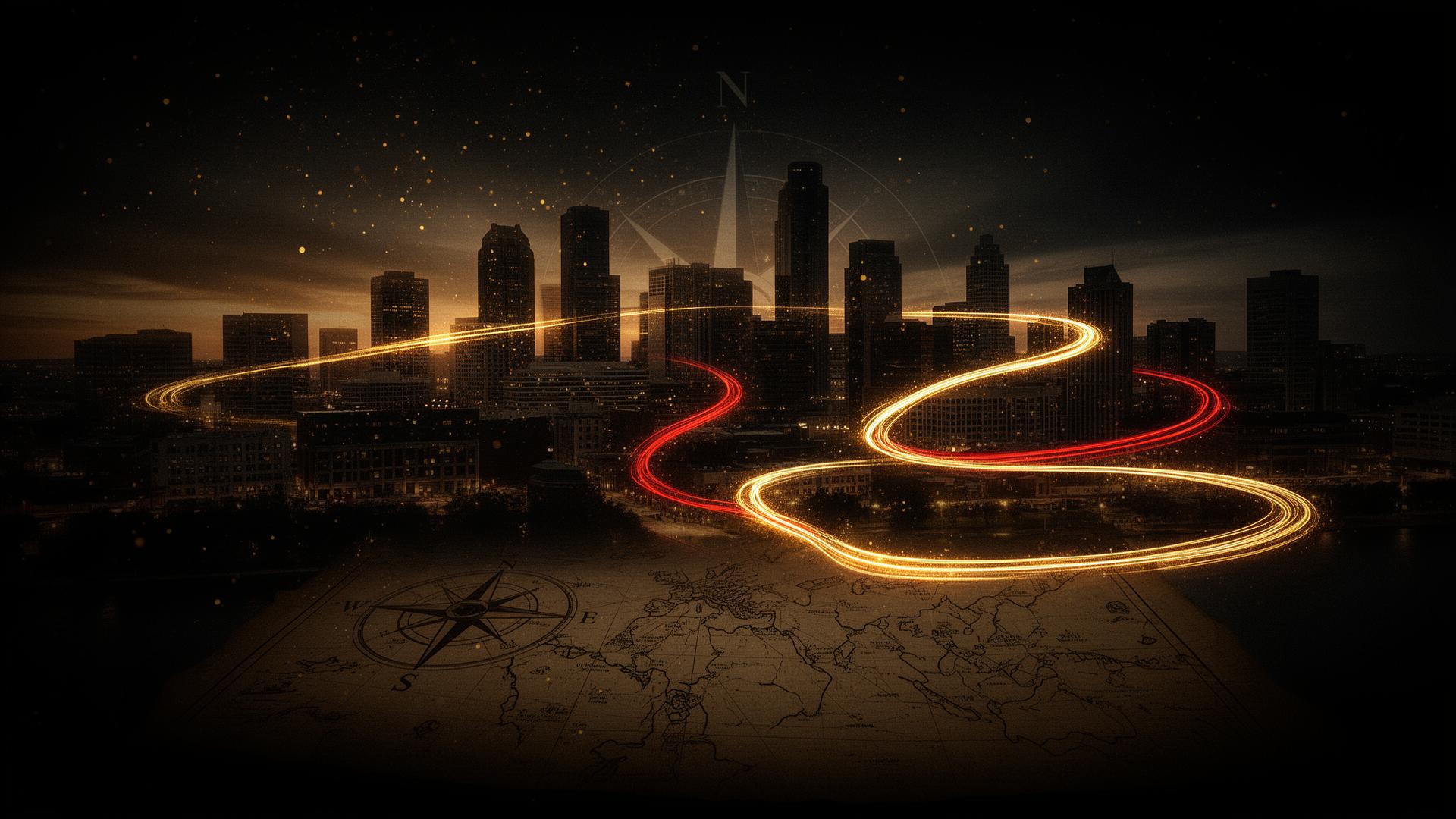 Cincinnati skyline with glowing treasure map route